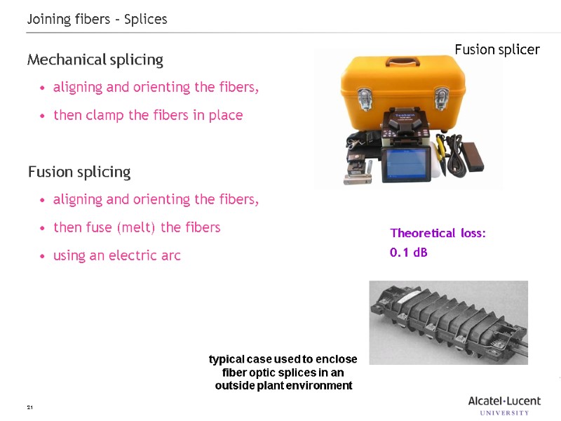 21 Joining fibers – Splices Mechanical splicing aligning and orienting the fibers,  then